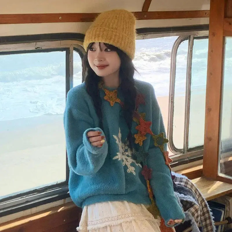Korean Round Neck Sweater College Style Christmas Blue Snowflake Hook Pattern Imitation Mink Fur Pullover Winter