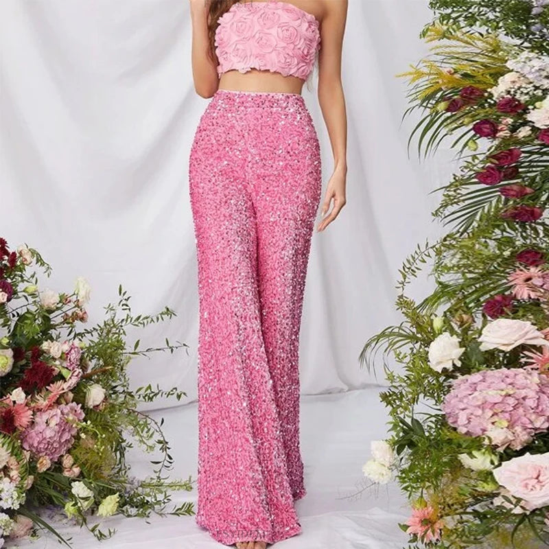 Glitter Sequins Shiny Club Party Pants Spring High Waisted Trouses Autumn Straight Flaredpants Harajuku