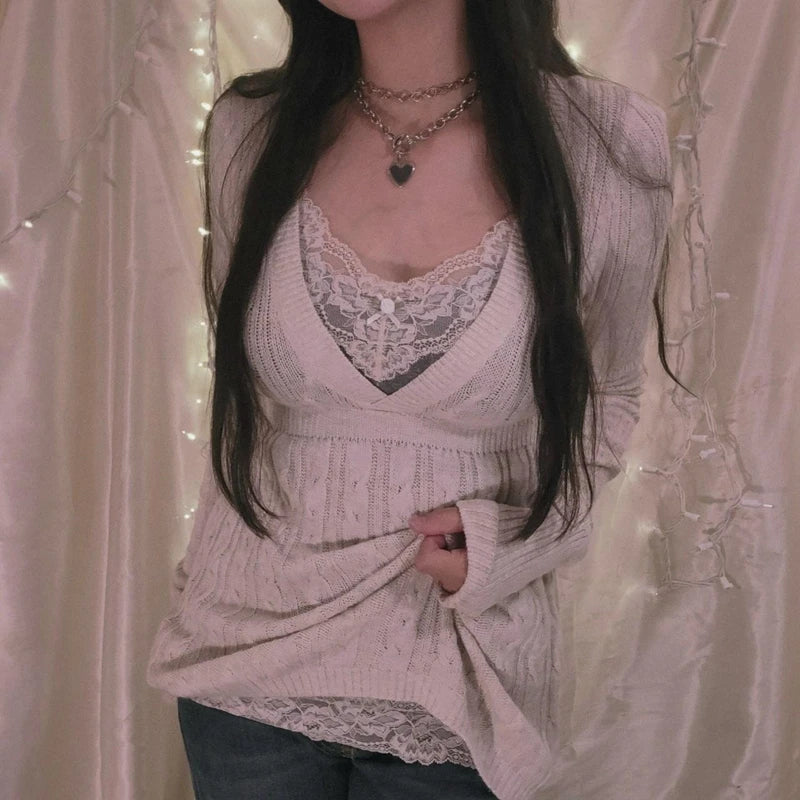 Fairycore Y2k Grunge Knitted Sweater 90s V Neck Pullovers Aesthetics Retro Jumpers Knitwear