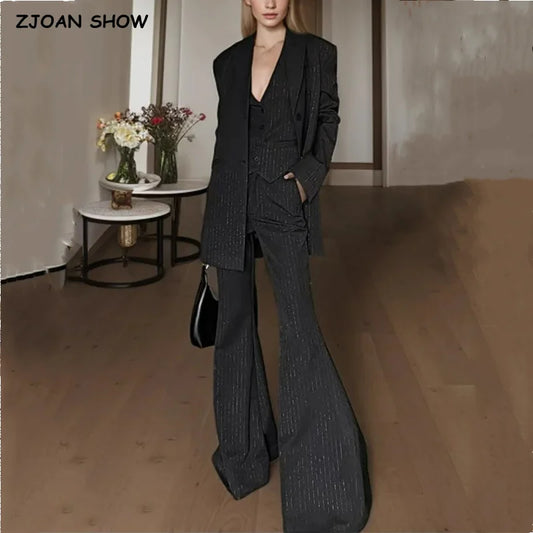 Spring Black Striped Oversized Blazer Loose Notched Full Sleeve Suits High Waist Long Flare Pants Halter Tank Tops