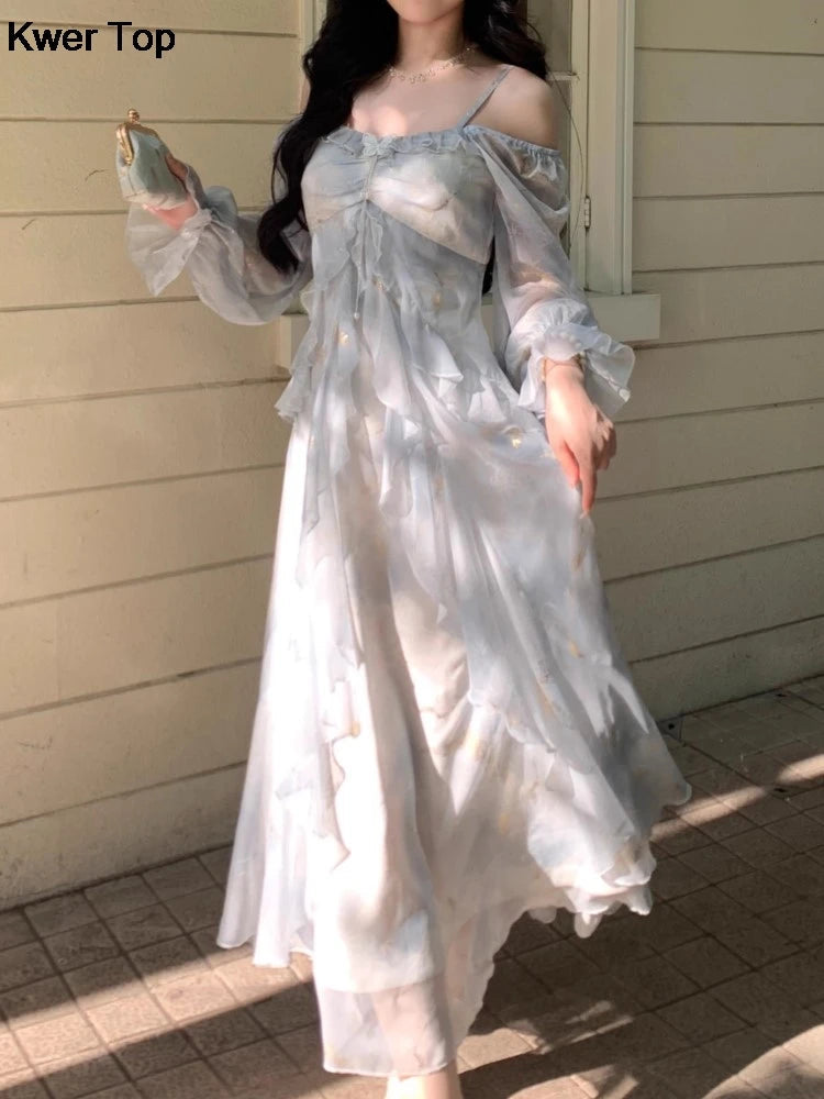 French Print Fairy Long Dresses Autumn New Ruffles Aline Party Birthday Vestidos Female One Piece Clothes