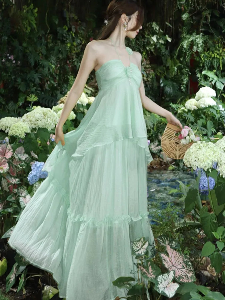Korea Sweet Fairycore Halter Long Dress Ruffles Birthday Party Dress Summer Aline Vestidos Female New Robe