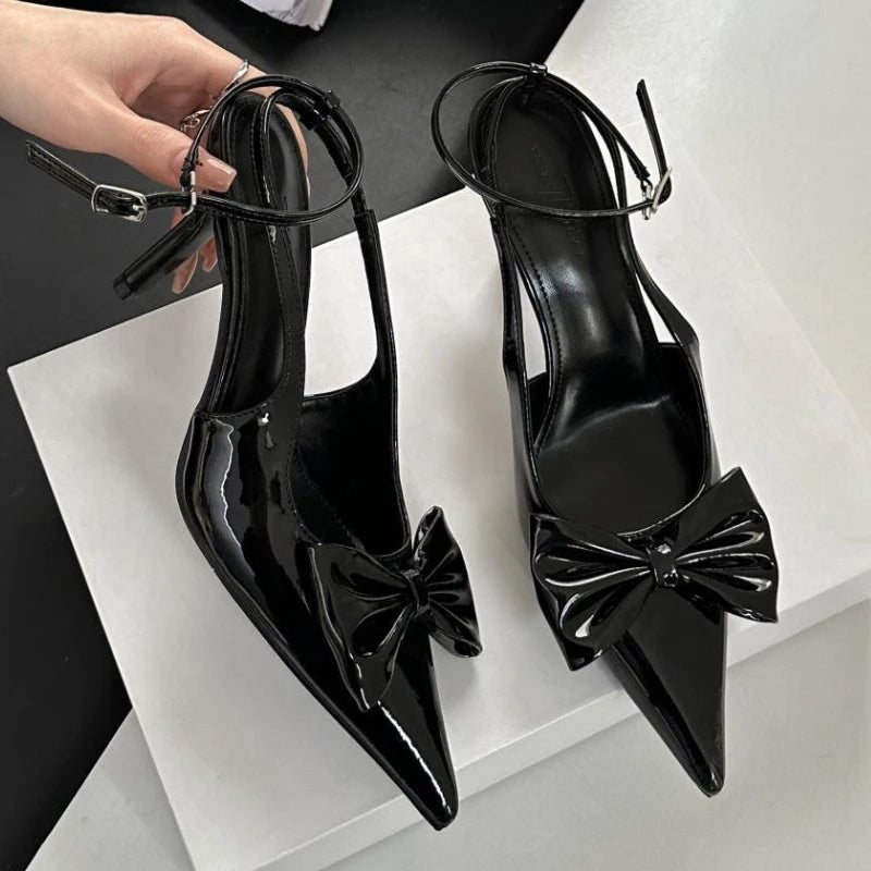 Bowknot Pointed Toe Ankle Strap High Heeled Shoes Brand Designer Thin High Heel Backless Sandals Sweet Pumps