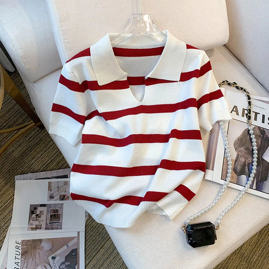 New Striped Pattern Collared Sweater Versatile Short Sleeve Knitted Top for Spring & Summer ’s Clothing Crop Top