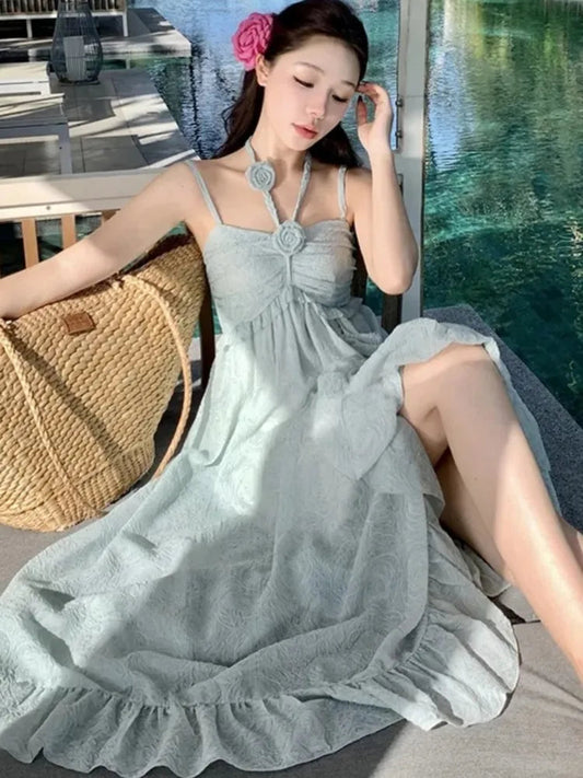 Korean Fairycore Midi Dress for Sweet Spaghetti Strap Halter Ruffles Birthday Party Dresses Summer Holiday Beach Vestidos