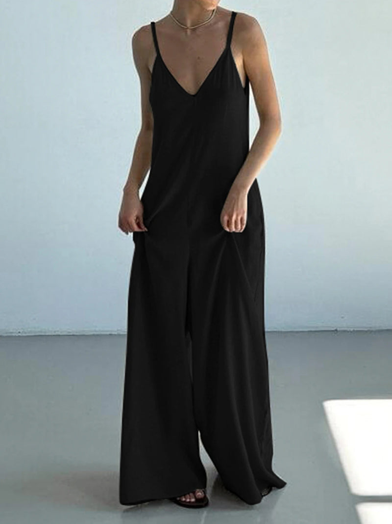 Sleeveless V Neck Loose Black Jumpsuits for Backless Vacation Wide Leg Rompers Spaghetti Strap Overalls
