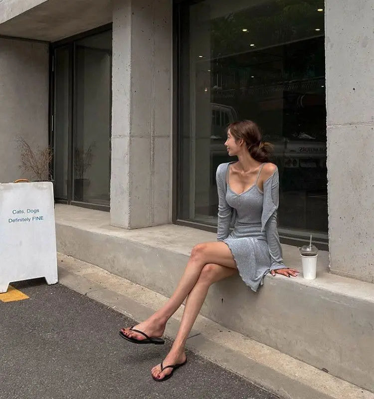 Summer Korean Clothing Short Strap Camisole Dress +short Coat Color Two Piece Sets Outfits