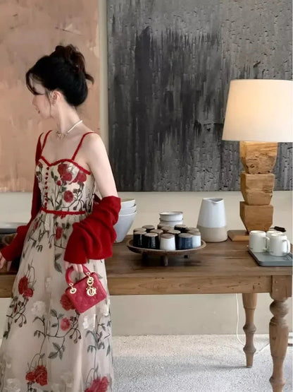 Sweet Hot Girl Suit Autumn Red Longsleeved Cardigan Embroidery Strap Dress Twopiece Set Female Clothes