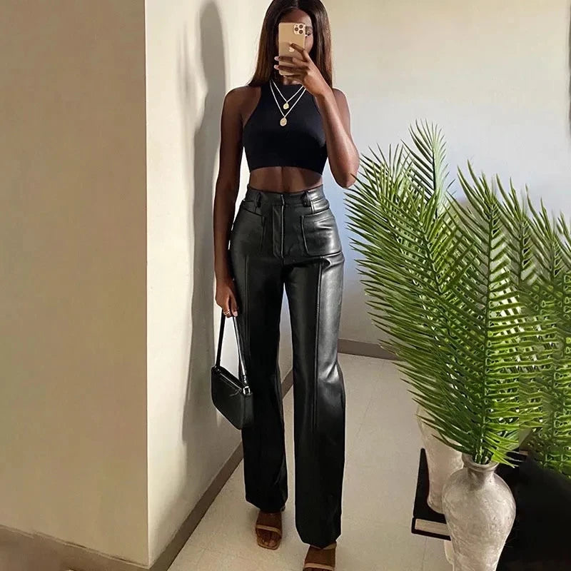 Black Punk Style Pu Faux Leather Pant Pants High Waist Straight Trousers Winter Trousers