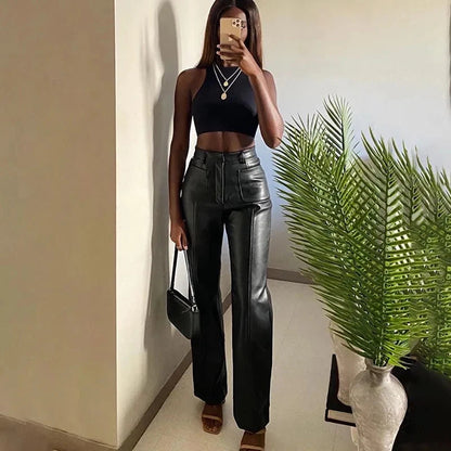 Black Punk Style Pu Faux Leather Pant Pants High Waist Straight Trousers Winter Trousers