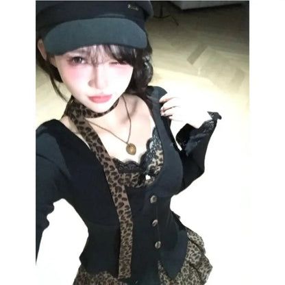 Sweet Hot Girl Suit Autumn Longsleeved Slim Cardigan Leopard Print Aline Skirt Twopiece Set Female Clothes