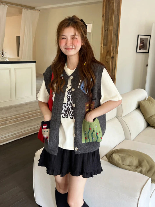 South Korea Hook 3d Flower Vest for Gray Cardigan Clothing Chaleco Mujer Pockets Design Waistcoat