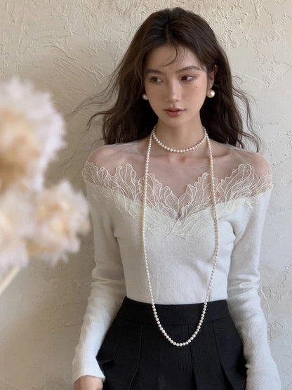 White Off Shoulder Knit Sweater Lace Transparent Mesh Long Sleeve Crop Pullovers Fairycore Aesthetics Clothes
