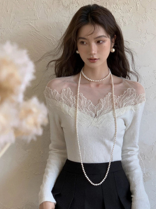 White Off Shoulder Knit Sweater Lace Transparent Mesh Long Sleeve Crop Pullovers Fairycore Aesthetics Clothes