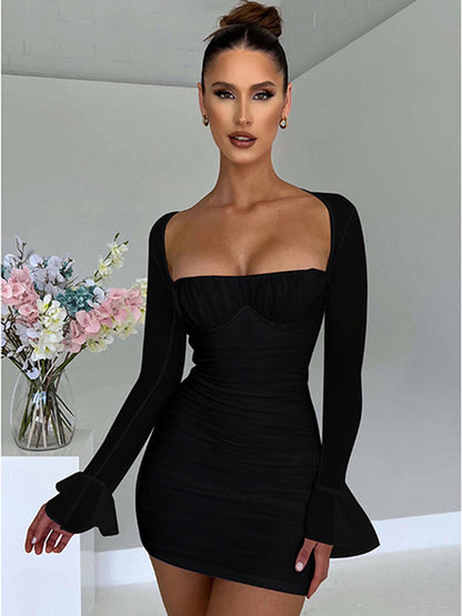 Backless Mini Dress for Robe Two Layer Mesh Full Sleeve Zipper Bodycon Party Short Dress Vestido