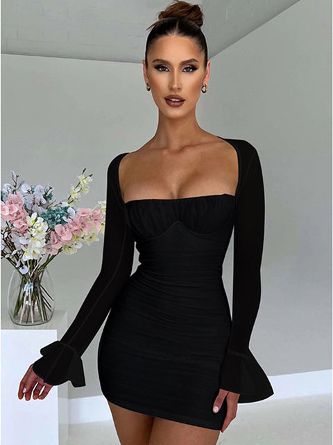 Backless Mini Dress for Robe Two Layer Mesh Full Sleeve Zipper Bodycon Party Short Dress Vestido