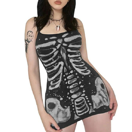 Gothic Dress Summer Spaghetti Strap Sleeveless Bone Printed Mini Dresses Y2k Aesthetic Punk Graphic Dress