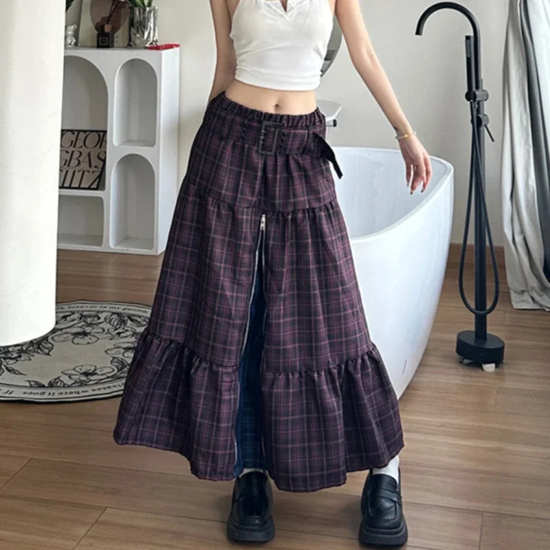 American Pleated Zipper Loose Aline Skirt Autumn New High Waist Contrast Color Plaid Midlength Skirt