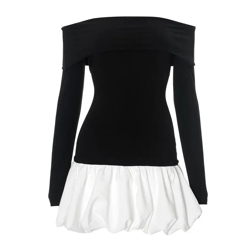 Folds Mini Dress Female One-shoulder Contrast Color Patchwork Long Sleeves Dress Slim Party Club Dresses