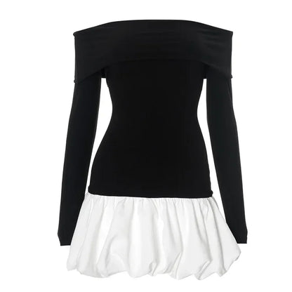 Folds Mini Dress Female One-shoulder Contrast Color Patchwork Long Sleeves Dress Slim Party Club Dresses