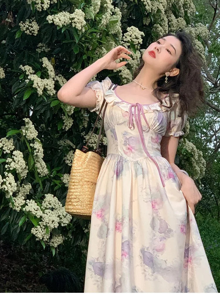 French Printing Long Dress Bandage Short Puff Sleeve Dress Summmer Bodycon Prom Party High Waist Dresses Woman