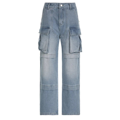 Pockets High Waisted Jeans Woman Autumn Winter Baggy Blue Cargo Pants Loose Denim Pant