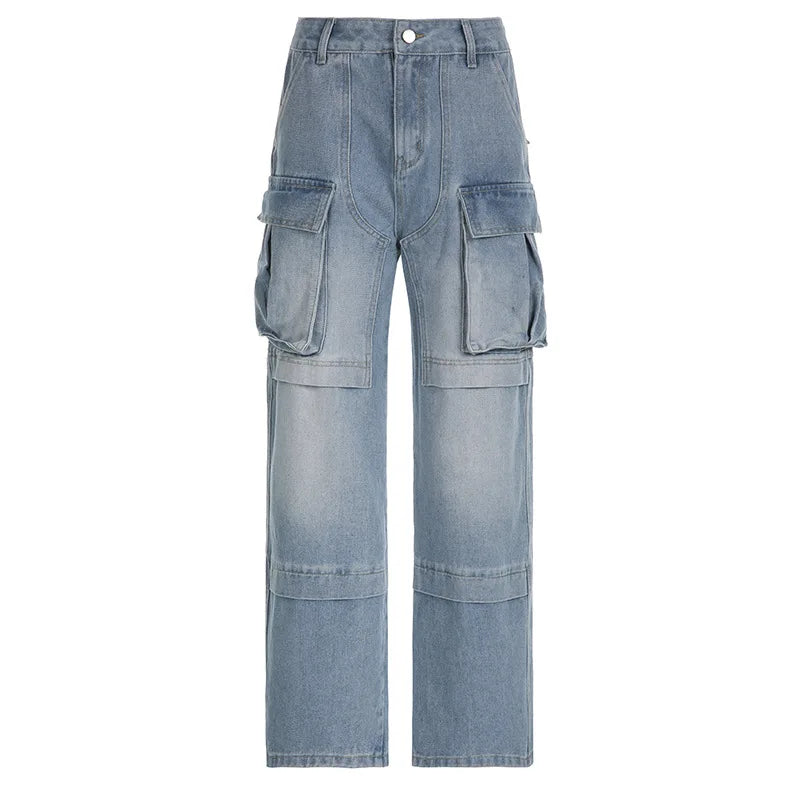 Pockets High Waisted Jeans Woman Autumn Winter Baggy Blue Cargo Pants Loose Denim Pant