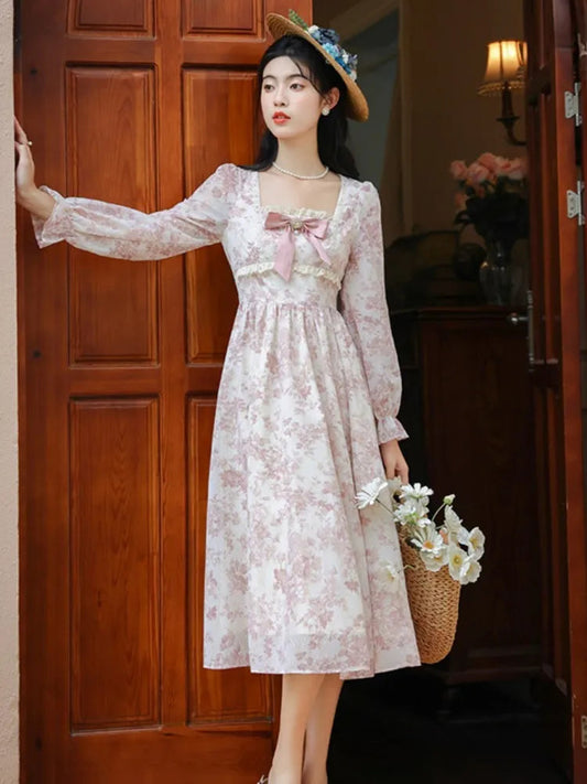 Sweet Pink Princess Dress Bow Petal Sleeve Print Flattering Waist Romantic Lady Midi Dresses Robe Rose Vestidos