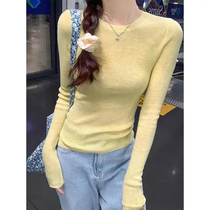 Autumn Winter New Slim Versatile Sweaters Korean Long Sleeve Knitted Round Neck Pullover Tops Clothes