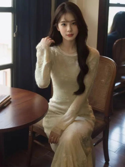 Autumn Spring New Twopiece Midi Dress Sets for Long Sleeve Slim Vestidos Evening Party Robe