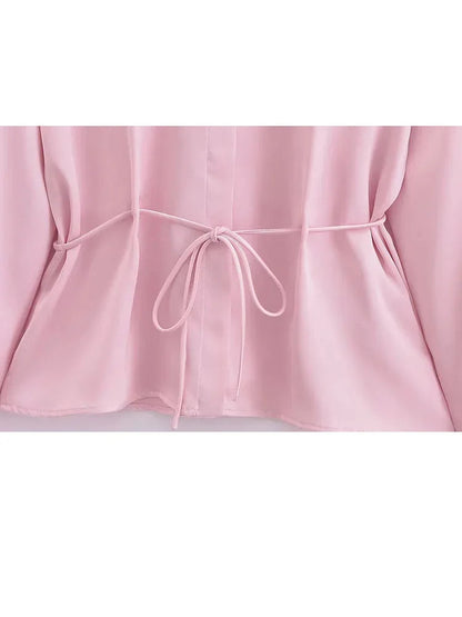 Spring Pink Turndown Collar Blouse for Woman Long Sleeves Laceup Female Single Breasted Shirt Top
