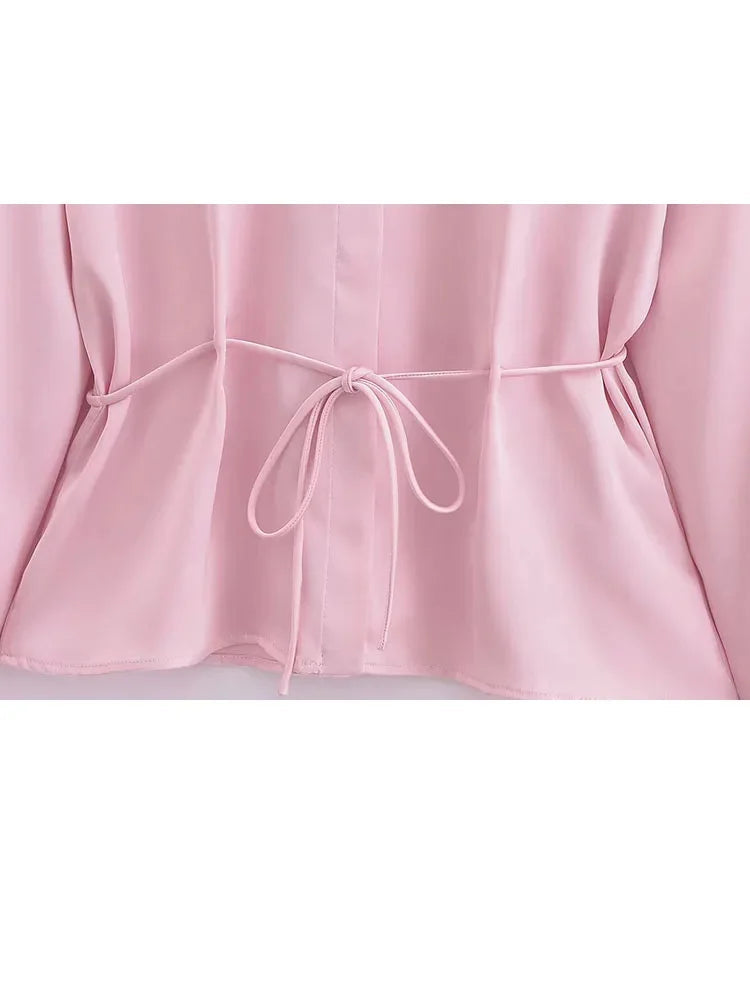Spring Pink Turndown Collar Blouse for Woman Long Sleeves Laceup Female Single Breasted Shirt Top