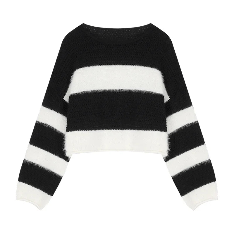 High Street Loose Soft Cashmere Long Sleeve Sweater Winter New Oneck Contrast Color Striped Knitted Crop Tops