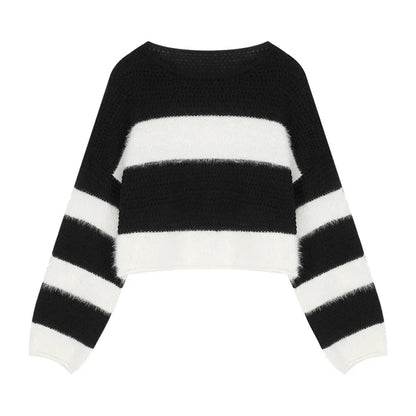 High Street Loose Soft Cashmere Long Sleeve Sweater Winter New Oneck Contrast Color Striped Knitted Crop Tops