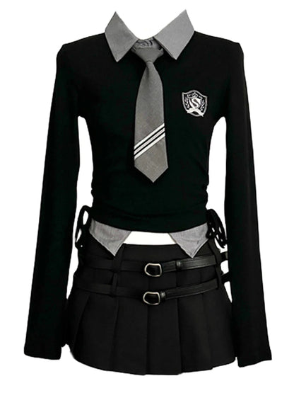 Fall Jk Preppy Style Y2k Gyaru Outfits 2 Piece Set Knit Long Sleeve Crop Tops Blouses Tie + Mini Pleated Skirt With Belt