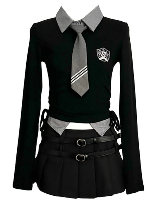 Fall Jk Preppy Style Y2k Gyaru Outfits 2 Piece Set Knit Long Sleeve Crop Tops Blouses Tie + Mini Pleated Skirt With Belt