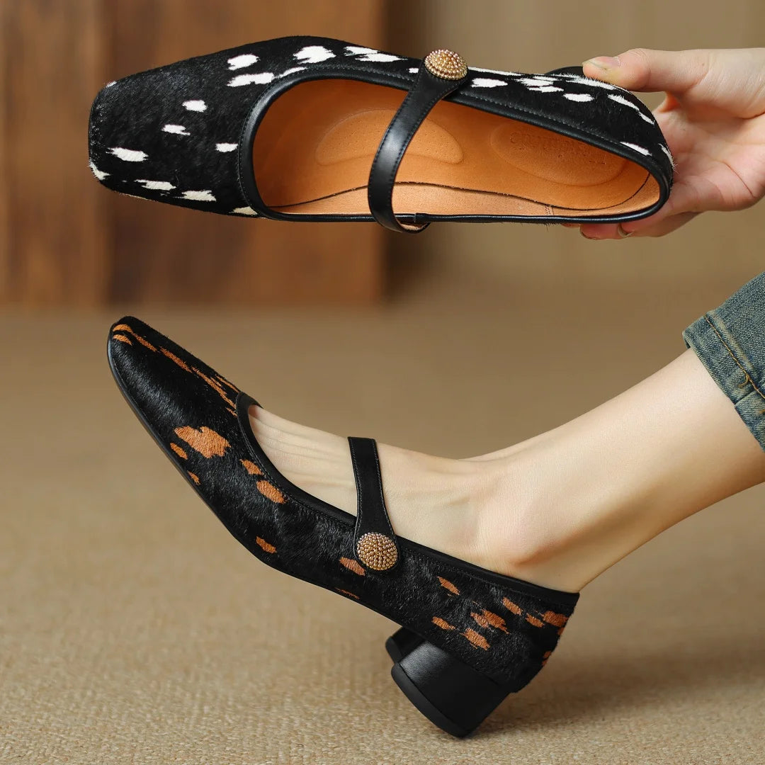 3442 Leopard Horsehair Mary Jane Flats Square Toe Female Soft Comfortable Slim Shoes Hot