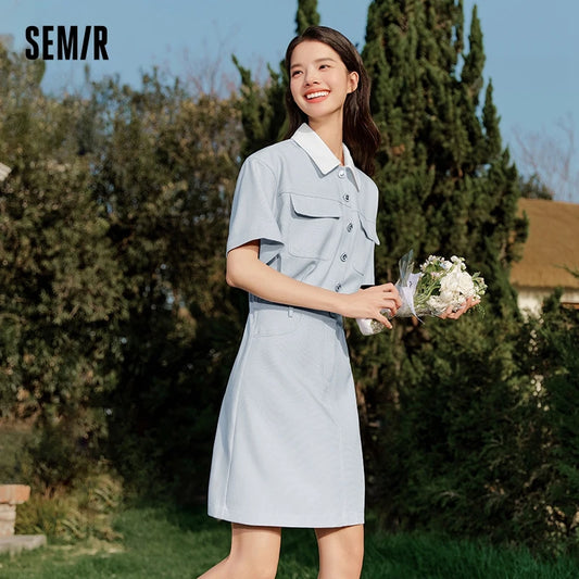 Dress Turn-down Collar Stylish and Summer New Simple and Sweet Waist-cinching Short Skirt