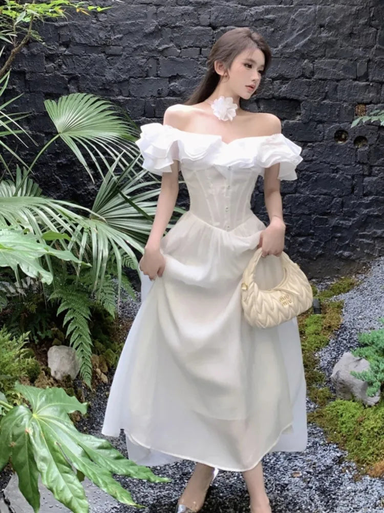 France Slim Ruffles Midi Dresses Summer Princess Evening Party Prom Dress Off Shoulder Aline Vastidos