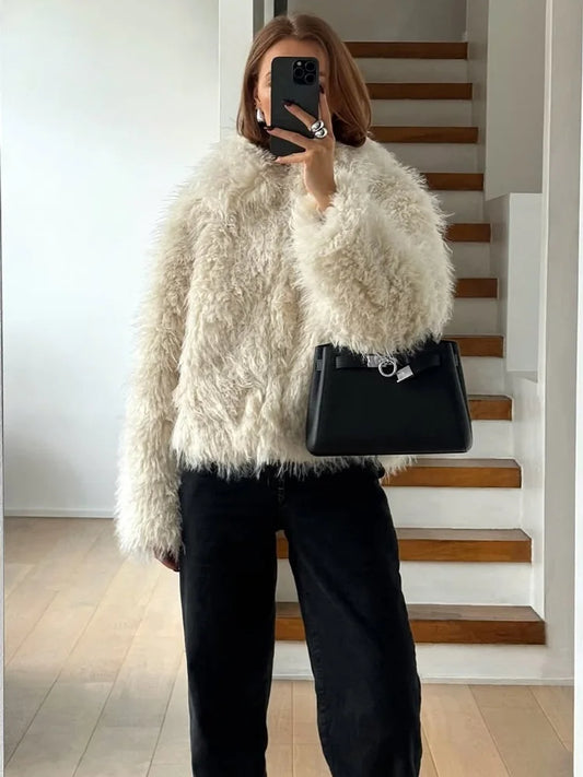 V-neck Loose Cardigan Overcoat for Long Sleeve Patchwork Faux Fur High Street Clothes Female Winter Coat New
