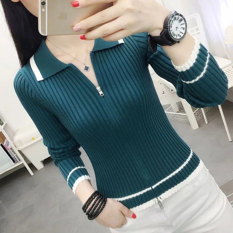 Autumn Spring Style Knitted Pullover Tops Lady Zipper V-neck Knitted Pullover Sweater Zz0972