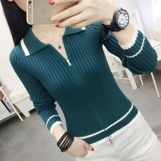 Autumn Spring Style Knitted Pullover Tops Lady Zipper V-neck Knitted Pullover Sweater Zz0972