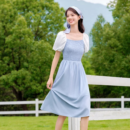 Dress Color-blocking Puff Sleeves Sweet and Temperament Autumn Hepburn Style Tight Retro Skirt