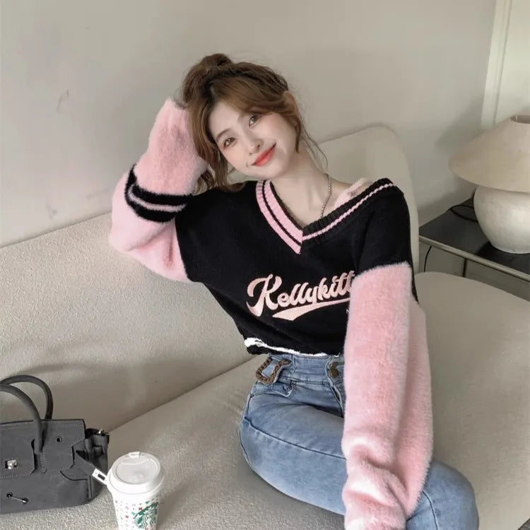 Korean Sweet Vneck Off Shoulder Pullovers Autumn New Embroidery Lazy Tops Y2k Egirl Long Sleeve Sweaters Mujer