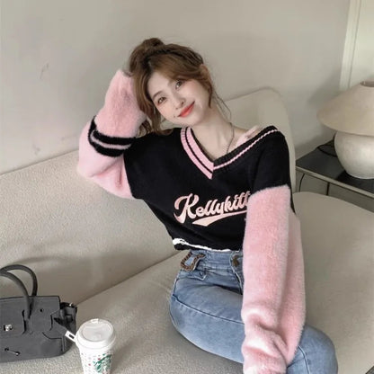 Korean Sweet Vneck Off Shoulder Pullovers Autumn New Embroidery Lazy Tops Y2k Egirl Long Sleeve Sweaters Mujer