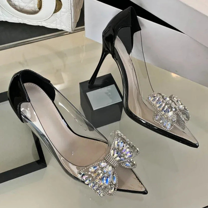 Rhinestone Bow Pvc Transparent High Heels Hollow Party Dress Shoes Female Pointed Toe Heeled Sandals