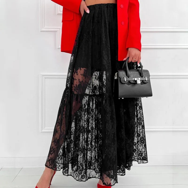 American Retro Hollow Seethrough Lace Aline Skirt Summer New High Waist Color Loose Midlength Skirt