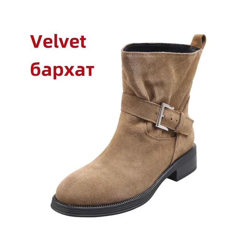 Ankle Boots Cow Suede Round Toe Motorcycle Boots Thick Low Heels Warm Autumn Winter Shoes Buckles Boots