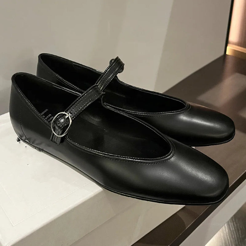 Genuine Leather Sqaure Toe Mary Jane Ballet Flats Leisure Soft Comfortable Female Ballerians Espadrilles Shoes