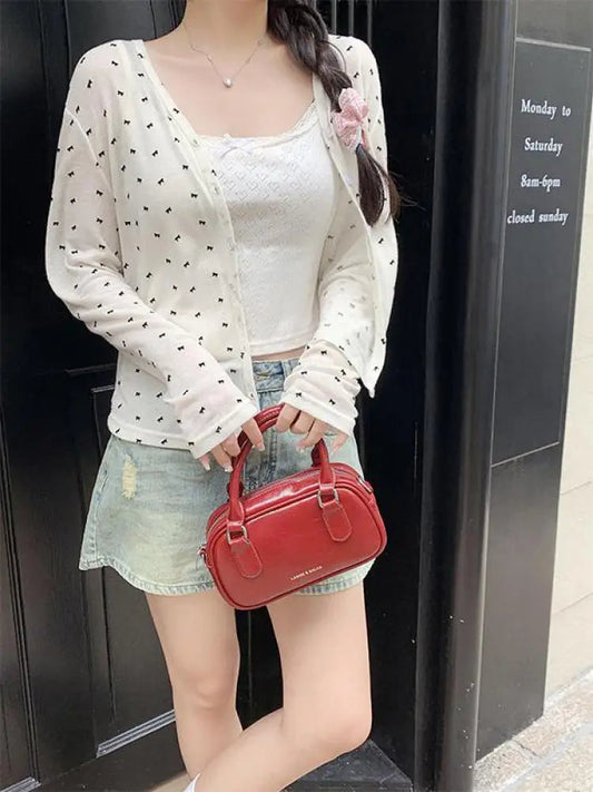 French White Bow Print Long Sleeved Knitted Sweater Spring Autumn New Gray Versatile Cardigan Tops Clothes Trend